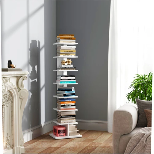 TUTOTAK Bookshelf, 8-Tier Bookcase, Narrow Spine Book Shelf for Small Space, Corner Standing Shelf for Living Room, Office, Study, Entryway, White BS06BW008