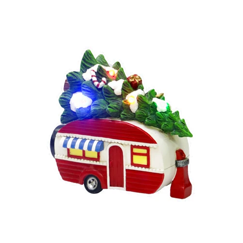 MOMENTS IN TIME Christmas Tabletop Decor with LED Lights, Vintage Red Truck/Camper with Christmas Tree (Camper)