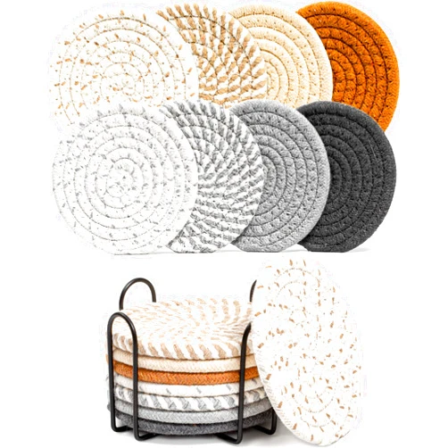 Effectyou 8 Pcs Drink Coasters with Holder, 8 Colors Absorbent Coasters for Drinks Minimalist Cup Coasters Cotton Coaster Set Woven Coasters for Coffee Table Home Decor Bar Housewarming Gift, 4.3 Inch