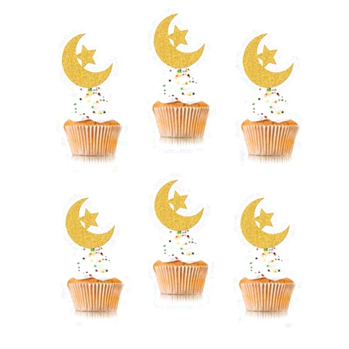 SWYOUN 48PCS Glitter Moon and Star Eid Mubarak Cupcake Topper Ramadan Kareem Party Supplies Islamic Muslim Party Decorations