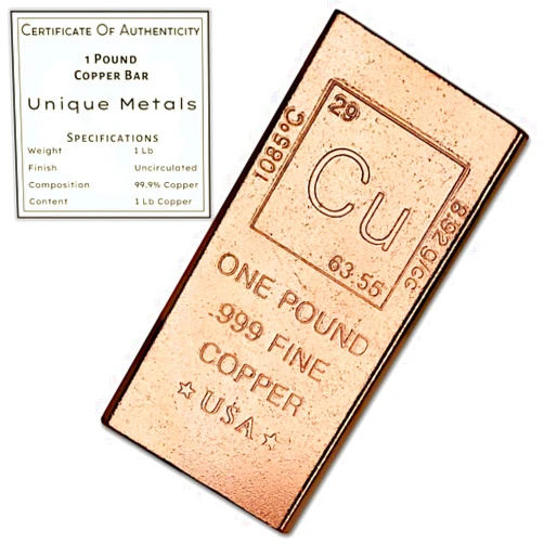 Unique Metals 1 Pound Copper Bar Bullion Paperweight - 999 Pure Chemistry Element Design with Certificate of Authenticity by Unique Metals