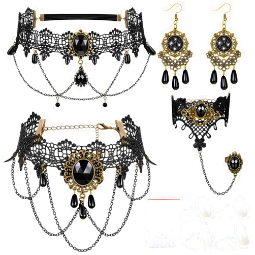 Threan 8 Pieces Halloween Vampire Accessories, Black Choker Lace Necklace Earrings Bracelets, Gothic Jewelry Vampire Teeth Fangs Vintage Sexy Witch Costume for Halloween Women Party Supplies