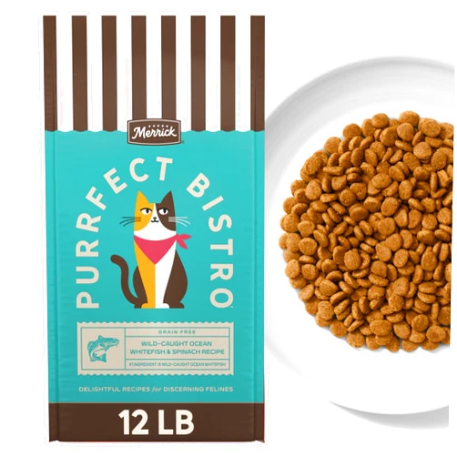 Merrick Purrfect Bistro Grain Free Wild-Caught Ocean Whitefish and Spinach Recipe Natural Dry Cat Food for Adult Cats, High Protein, Outdoor or Indoor Cat Food - 12 lb. Bag