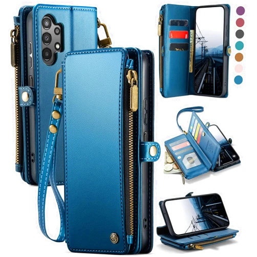 Defencase Compatible with Galaxy A32 5G Case Wallet with RFID Blocking Card Holder for Women Men, PU Leather Magnetic Snap Flip Zipper Strap Wallet Phone Case Fit for Samsung Galaxy A32 5G, Dark Blue