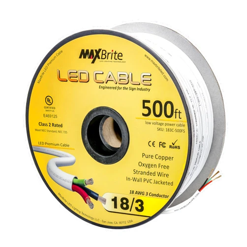 US LED Superstore 500 ft. 18AWG Low Voltage LED Cable 3 Conductor White Sleeve in-Wall Speaker Wire UL Class 2 Certified