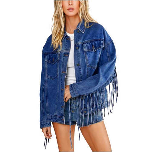 Omoone Women's Oversized Denim Fringed Jacket Tassel Jean Jackets Cowgirl Western Country Concert Outfits 2026