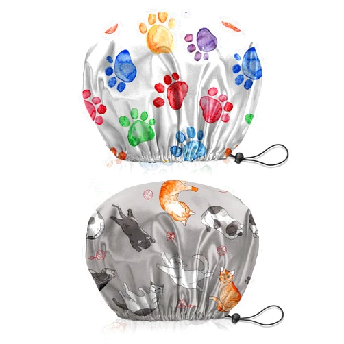 BHAHB 2 PCS Shower Cap Reusable Waterproof Double Layer Elastic Adjustable Hair Bath Caps Cute Aesthetic for Women Girls-Paw Cats