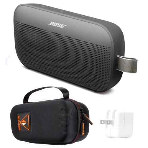 Bose New SoundLink Flex Portable Bluetooth Speaker (2nd Gen), Outdoor Speaker with Hi-Fi Audio, Up to 12 Hours Battery, Waterproof and Dustproof, with Slinger Hard Travel Case & USB Plug (Black)