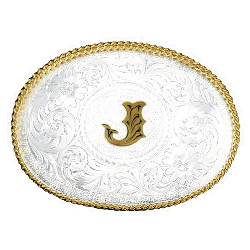Montana Silversmiths Initial Silver Engraved Gold Trim Western Belt Buckle