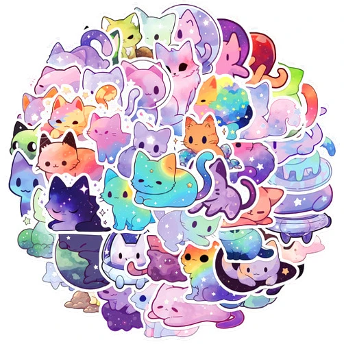 Jjlin 50Pcs Cute Starry Sky Cat Stickers, Rainbow Color Cat Stickers, Galaxy Collection Stickers for Water Bottles, Pet Lover Gifts for Kids Men and Women (Astral Cat)