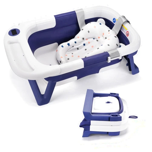Wwuiuiww Foldable Baby Bath Tub,Newborn Baby Bath Tub with Soft Bath Mat and Real Time Water Temperature Display,Portable Travel Bathtub with Drain Hole toToddler 0-36 Months (Blue)