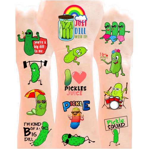 YanZonic 138 PCS Pickle Funny Temporary Tattoos Pickle Stickers - Pickle Gifts for Pickle Stuff Lovers, Suitable for Pickle Party Decorations and Pickle Birthday Decorations party favors, 15 Sheets