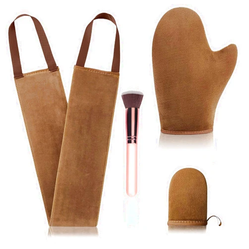 FIRSTPELLA 4 Pcs Self Tanner Mitt Applicator Kit - Self Tanning Mitt Glove,Self Tanner Back Applicator,Mini Face Tanner Mitt,Face Tanner Brush Soft Streak-Free Reusable & Washable for Women Girl Men (Brown)