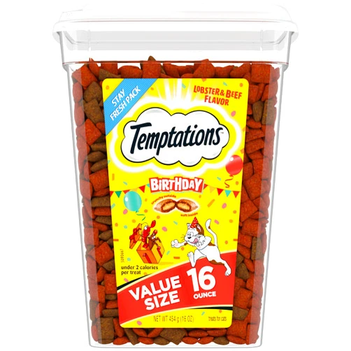 Temptations Birthday Crunchy and Soft Cat Treats Lobster and Beef Flavor, 16 oz. Tub