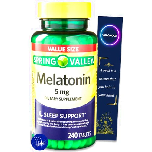 YOLOMOLO Melatonin Tablets Spring Valley Dietary Supplement Value Size, 5 mg, 240 Count and Bookmark Gift of YOLOMOLO