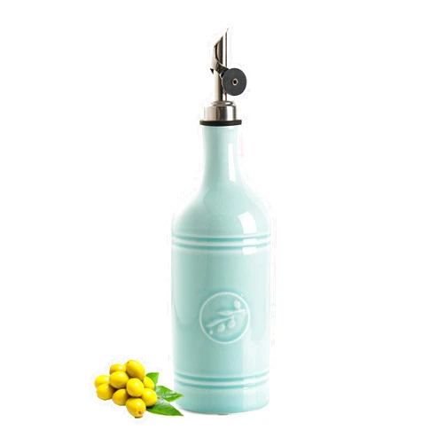 MIKIGEY 18 oz Ceramic Olive Oil Bottle Dispenser for Kitchen, Large Capacity Oli and Vinegar Cruet with Stainless Steel Spout, Oil Container, Pack of 1, Turquoise