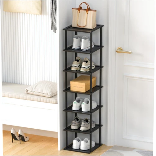 MHXW SXPN 7 Tier Tall Bamboo Shoe Rack Shelf, Wooden Free Standing Stackable Shoes Rack Organizer for Closet, Front Door Entrance, Narrow Vertical Shoe Storage Rack for Entryway, Garage Small Corner Stand Black
