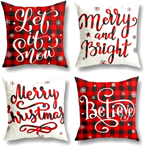 Aetegit Christmas Decorations Christmas Pillow Covers 16x16 Inches Set of 4 Farmhouse Buffalo Plaid Black and Red Throw Pillow Case Winter Holiday Christmas Decor Home Sofa Couch Cushion Indoor Decorations