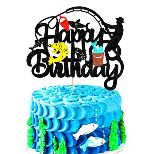 Finestore168 Gone Fishing Cake Topper Fish Cake Topper Fishing Themed Birthday Cake Topper Fishing Cake Decoration for Men and boys Fisherman Birthday Party Supplies