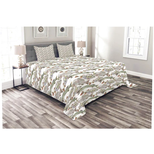 Ambesonne Fishes Bedspread Set, Watercolor Common Carp Perch and Bass Freshwater Animals Themed Seafood Drawing, 3 Piece Decorative Bedding Coverlet and 2 Pillow Shams, Queen Size, Multicolor