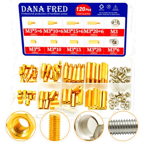 DANA FRED M3 Hex Male Female Brass Spacers Standoffs Screws Nuts Assortment Kit,120 Pcs M3 Hexagon Threaded Pillar,Hexagonal PCB Motherboard Spacer Bolt Screw Nut Assortment Kit Mounting for PCB,Circuit Board