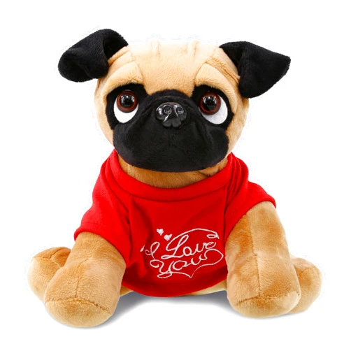DolliBu I Love You Valentine Plush Pug Dog - Cute Soft Cuddly Stuffed Animal with Red Heart Shirt for Valentines Day, Birthday Present, Anniversary, Romantic Date - 9 Inches