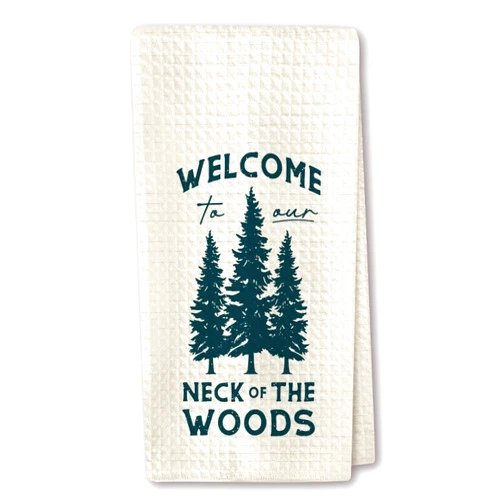 RZQIJ Forest Decorative Kitchen Towels – Rustic “Welcome to Our Neck of The Woods” Pine Trees Polyester Hand Towel for Cabin, Lodge & Coffee Bar, Cozy Housewarming Gifts and Tea Towels. 16