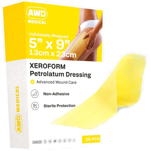 AWD Medical Xeroform Petrolatum Dressing 5x9 - Non-Adhering Gauze Pads - Fine Mesh Gauze Patch Sterile - Healthcare Supplies for Wound Care, Burns, Lacerations, & Skin Grafts Aide (Box of 25, 5