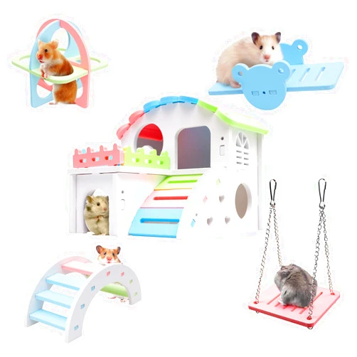 BBDDKEG Syrian Hamster Toys Set, Improved Version 8.7 IN Large Hamster House, Wooden Gerbil Hideout, Small Animals Seesaw, Guinea Pig Sport Exercise Toys, Rainbow Bridge, Swing, Dwarf Hamster Cage Accessories
