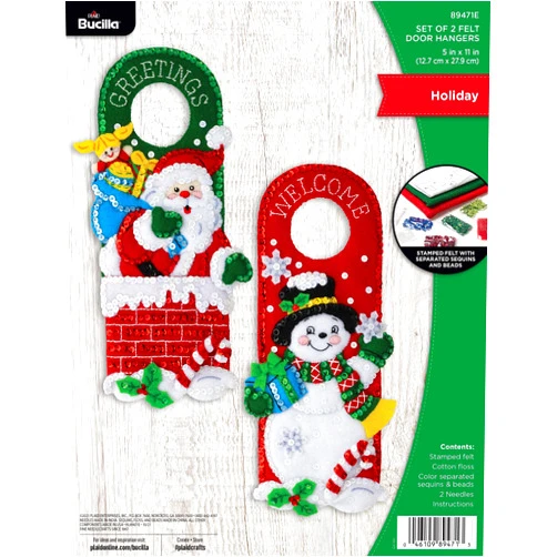 Bucilla, Holiday Christmas Set of 2 Felt Applique Door Hanger Making Kit, Supplies for DIY Needlepoint Arts and Crafts, 89471E