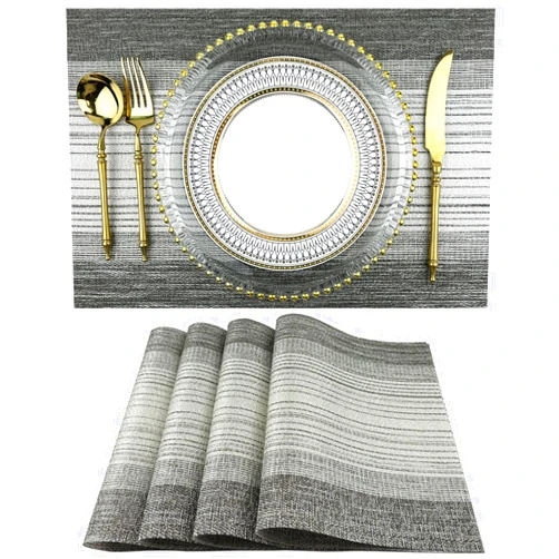 WAZAIGUR Placemat,Blending Color Durable Woven Vinyl Placemat Washable Heat-Resistant Anti-Skid Kitchen Dining Table Mats (Set of 4, Gray with Silver)