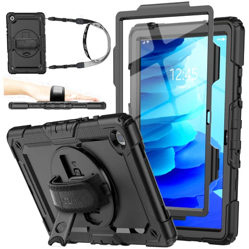 SEYMAC stock Case for Samsung Galaxy Tab A7 10.4 2022/2020 (T503/T509/T500/T505/T507) with Screen Protector, 360 Rotating Stand & Hand Strap, Drop-Proof Case, Black