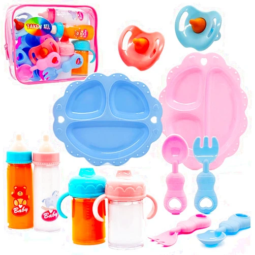 Taken All Baby Doll Accessories Magic Bottle set Magic Disappearing Milk Juice Bottles Sippy Cups with Pacifiers Bowl Spoons, Doll Bottle Toys Feeding Pretend Playset for Kids Girls Ages 3+ (Small set(10pcs))