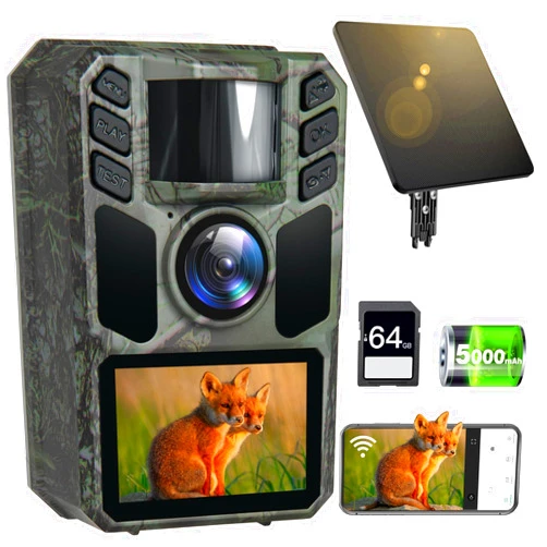 FKPCAM Trail Camera 4K 64MP Solar WiFi Game Hunting Camera with Night Vision– Built-in 5000mAh Battery, IP67 Waterproof, Motion Activated, 64GB Memory Card