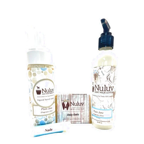 NULUV Goat Milk Skin Care Set for Eczema, 4 Piece Set (Oatmeal Soap + Fragrance Free Chap Stick, Hand Soap, and Body Lotion)