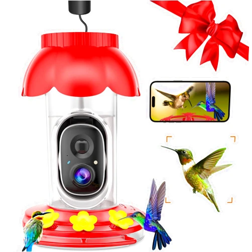 Vebiliki Hummingbird Feeder with Camera, 1080P FHD Video Hummingbird Feeder, Ant Moat, Bee Proof, AI Identify Bird Species, Instant Notifications, Live View, Bird Feeder Camera with 3 Feeding Ports.