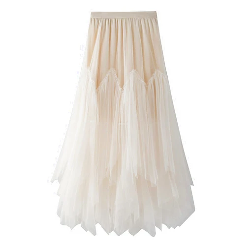 AQQYA Tulle Skirts for Women 3 Layered Asymmetrical Hem Tulle A-Line Midi Skirt
