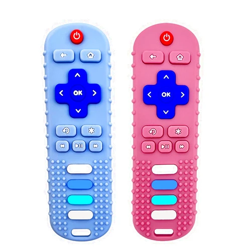 ROBBEAR Baby Teething Toys, Food Grade Silicone Teether for Babies 3 6 12 18 Months, TV Remote Shape Toddlers Chew Toys, Freezer BPA Free (Pink+Blue)