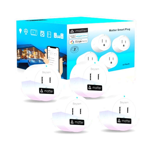 Beysen Matter Smart Plug, WiFi & Bluetooth Plug Work with Alexa&Google Home，Apple Home , SmartThings, Smart Outlet 10A/1250W Max, Matter Smart Home with Remote Control,Timer, 2.4G Wi-Fi Only, 4Pack