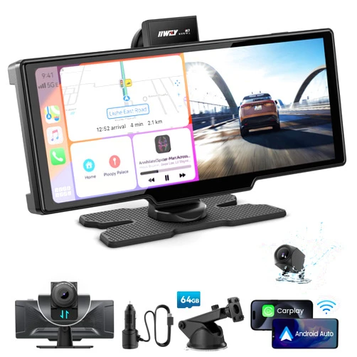 IIWEY Portable Apple Carplay Screen for Car, 10’’ Car Stereo Wireless Car Play & Android Auto Touch Screen, 4K Dash Cam, 1080P Backup Camera, Mirror Link/Voice Control/Music Play/GPS Navigation