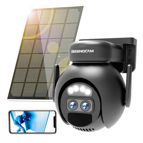 BEENOCAM Solar Security Cameras Wireless Outdoor, 360° PTZ Camera with Spotlight Siren/Motion Detection/Human Tracking/Color Night Vision/2.4GHz Wi-Fi/2-Way Audio/Waterproof