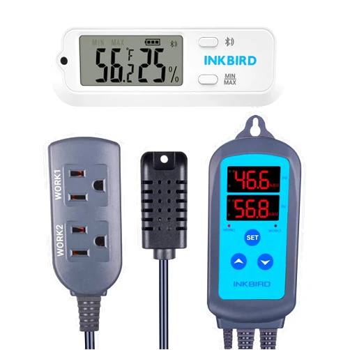 INKBIRD Humidity Controller and Thermometer Combo with IHC-200 Dual Stage Humidistat for Greenhouse Snake Cage, ITH-12S Temperature Humidity Bluetooth Smart Sensor for Herbal Container Incubators