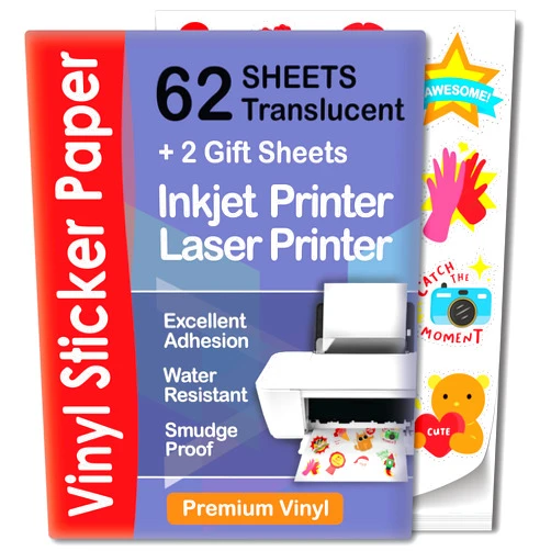 AgoDeo Translucent Clear Sticker Paper for Inkjet Printer & Laser Printer 62 Sheets - Self-Adhesive Water-Resistant, Dries Quickly Vivid Colors, 8 ½ X 11 Inches Holds Ink Well - Tear Resistant
