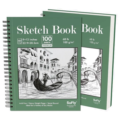 SuFly Sketch Book 9x12 inch - Pack of 2 (Total 200 Sheets) Spiral Bound Sketchbook, 68 lb/100gsm Artist Sketch Pad, 100 Sheets Each, Sturdy Acid Free Drawing Paper, Suitable for Adults & Teens