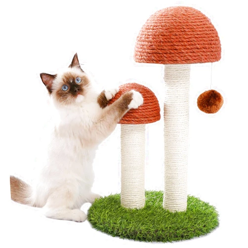 PETEPELA Cat Scratching Post, Mushroom Tall Cat Scratcher Featuring with Natural Sisal Scratching Poles and Interactive Toy Ball for Kittens and Small Cats (Brown)