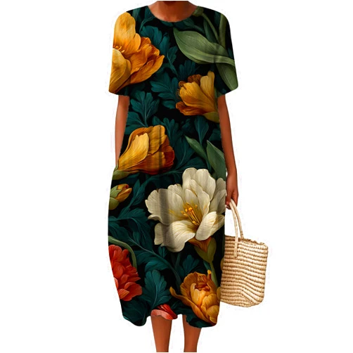 Cokene Vintage Retro Oil Painting Floral Cruise Outfit Maxi Dress Womens Honeymoon Beach Dress Crewneck