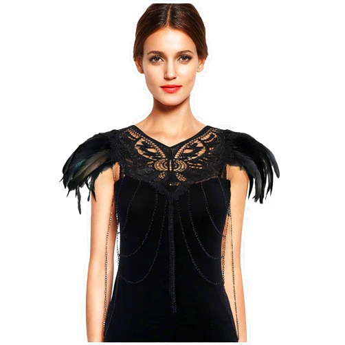 L'VOW Women's Feather Jewellery Gothic Feather Epaulettes Cape Lace Collar with Steampunk Body Chain Harness