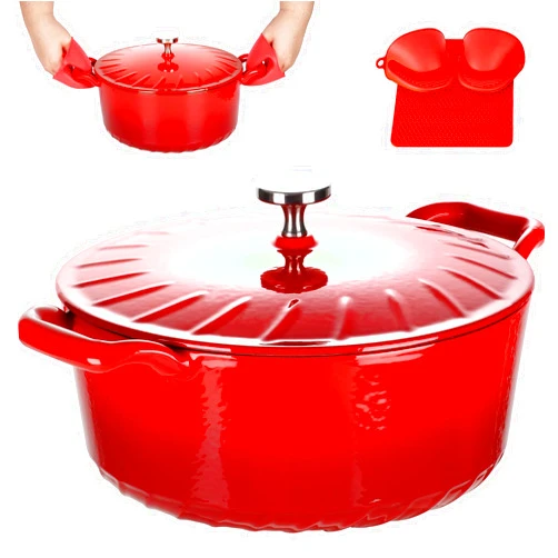 MGKKT Enameled Cast Iron Dutch Oven with Lid, Enamel Pot with Loop Handles, 6QT, Red