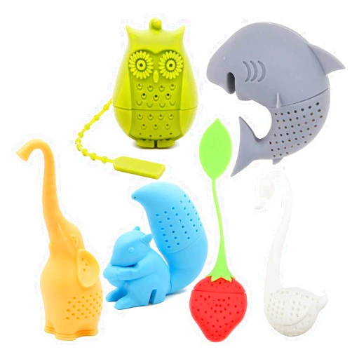 Winterworm Creative Cute Animal Eco-friendly Silicone Tea Infuser Strainer Set of 6 PCS Elephant Shark Swan Squirrel Strawberry Owl Tea Steeper Tea Lover’s Gift
