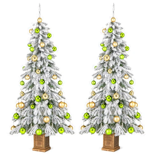 Goplus 6ft Snow Flocked Christmas Tree for Entrances, Set of 2 Hinged Artificial Potted Xmas Tree with 48 Ball Ornaments, 589 Branch Tips, Golden Urn Flowerpot, Front Door Porch Home Decoration
